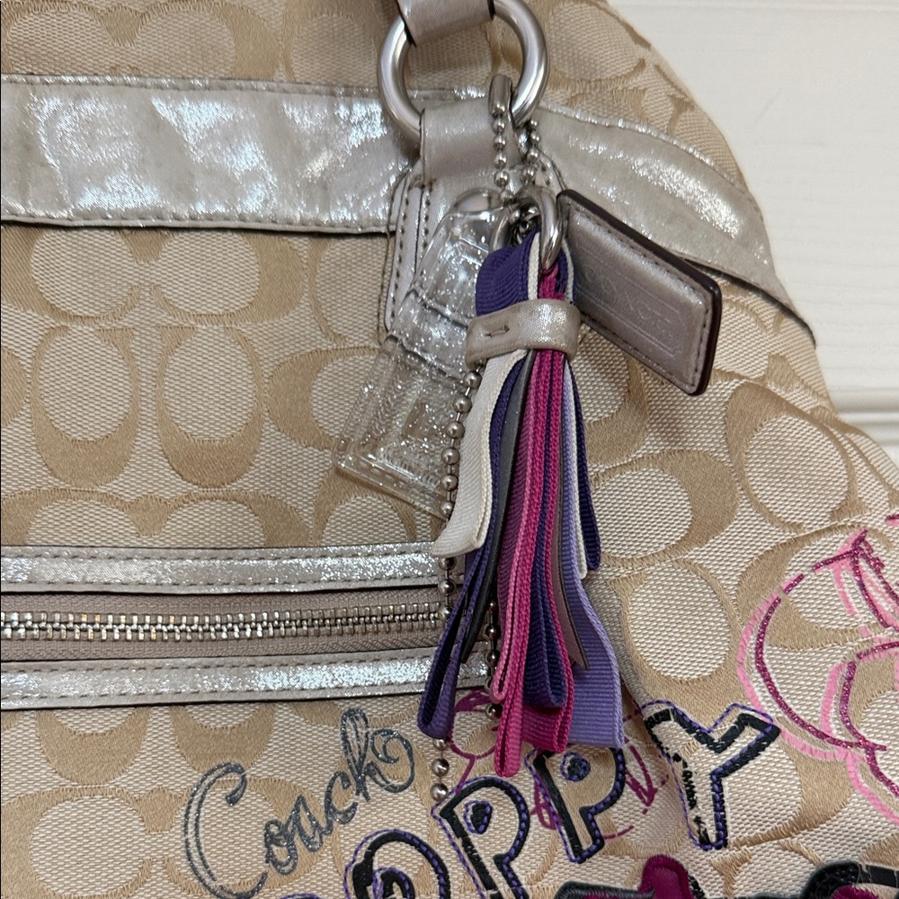 Coach Beige Signature Canvas Shoulder Bag with Purple & Orange Floral Appliqués - Picture 3 of 16
